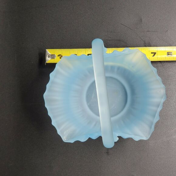 Vintage 7 Inch Tall Dusty Blue Satin Frosted Petal Glass Ribbed Basket EUC - Picture 7 of 8